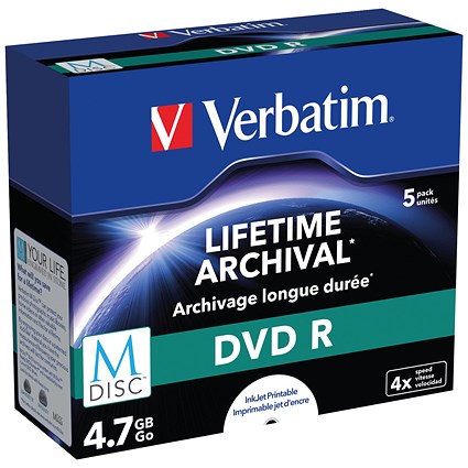 Verbatim M-Disc DVD R 4.7 GB 4x Printable Jewel Case (Pack of 5)