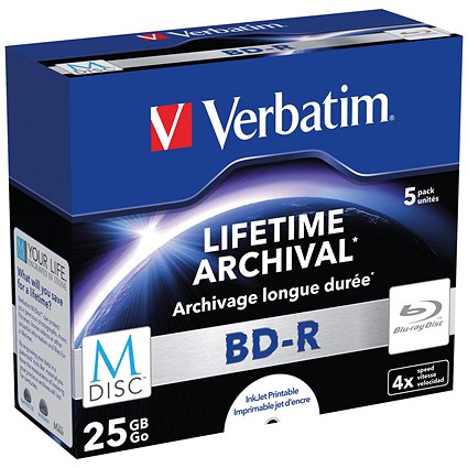 Verbatim BD-R M-Disc Inkjet-Printable Writable Blank Blu-ray DVDs, Cased, 25gb Capacity, Pack of 5
