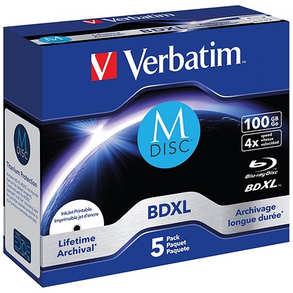 Verbatim BD-R M-Disc Inkjet-Printable Writable Blank Blu-ray DVDs, Cased, 100gb Capacity, Pack of 5