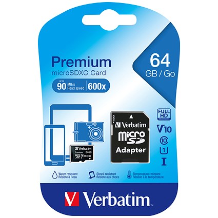 Verbatim Premium Micro SDXC Memory Card with Adapter, 64GB