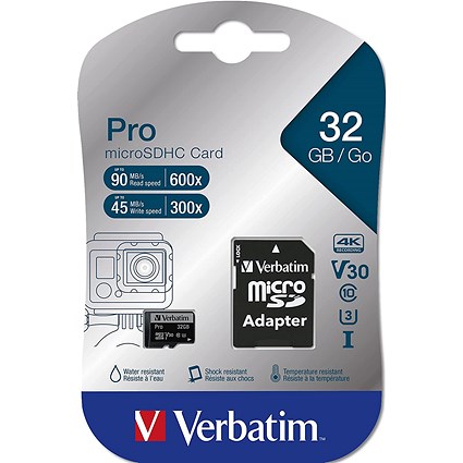 Verbatim Pro Micro SDHC Memory Card with Adapter, 32GB
