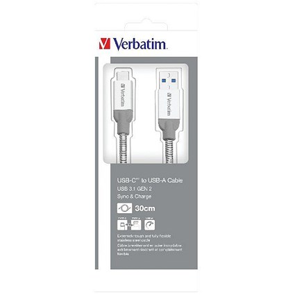 Verbatim USB A to USB C Charge and Sync Cable, 30cm Lead, Silver