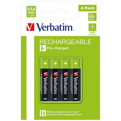 Verbatim AAA Rechargeable Batteries, Pack of 4