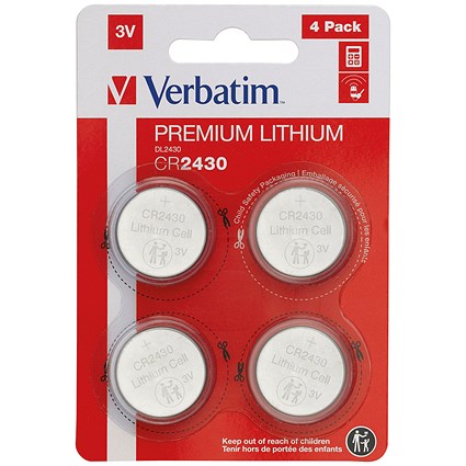 Verbatim CR2430 Premium Lithium Batteries, Pack of 4 Verbatim CR2430 Premium Lithium Batteries, Pack of 4