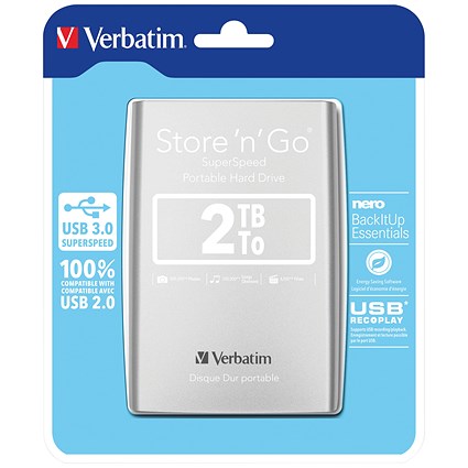 Verbatim Store 'n' Go USB 3.0 Portable Hard Drive, 2TB, Silver
