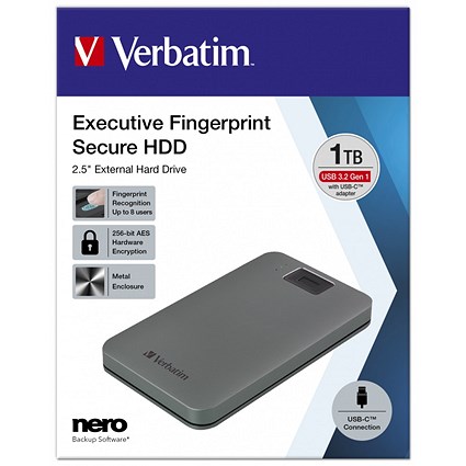 Verbatim Executive Fingerprint Secure USB 3.0 Portable Hard Drive, 1TB