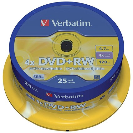 Verbatim DVD+RW SERL Rewritable Blank DVDs, Spindle, 4.7gb/120min Capacity, Pack of 25