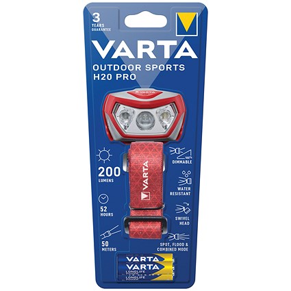 Varta Outdoor Sports H20 Pro Head Torch, 52 Hours Run Time, 3xAAA, Red/Grey Varta Outdoor Sports H20 Pro Head Torch, 52 Hours Run Time, 3xAAA, Red/Grey