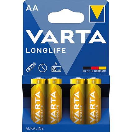 Varta Longlife AA Alkaline Batteries, Pack of 4 Varta Longlife AA Alkaline Batteries, Pack of 4