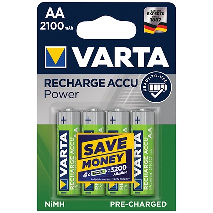 Varta Rechargeable AA Batteries, Pack of 4 Varta Rechargeable AA Batteries, Pack of 4