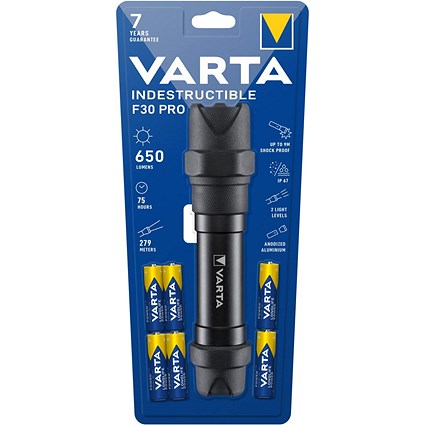 Varta Indestructible F30 Torch, 75 Hours Run Time, 6xAA, Black