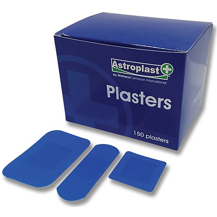 Wallace Cameron First-Aid Kit Blue Plasters, 3 Assorted Sizes, Oblong, Pack of 150
