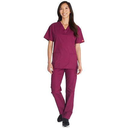 Dickies Signature V-neck Scrub Top, Wine Red, Large