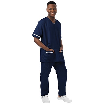 534LW V Neck Lightweight Scrub Top with Trim, Navy Blue, Size Medium