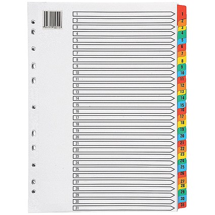 Everyday Reinforced Board Index Dividers, 1-31, Multicolour Tabs, A4, White