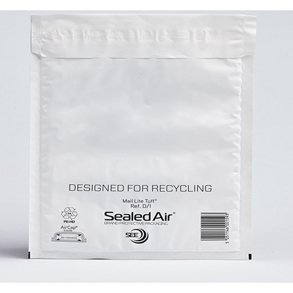 Sealed Air Mail Lite Tuff Bubble Envelopes, Size D/1 (180x260mm), White, Pack of 1000