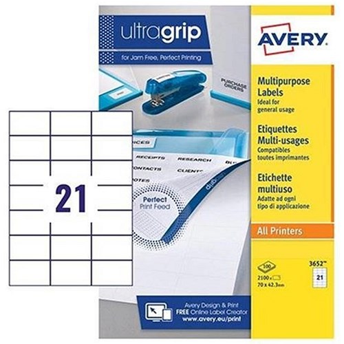 Avery White Multifunctional Labels / 21 per Sheet / 70x42.3mm / White / 3652 / 2100 Labels